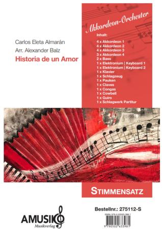 Preview: Historia de un Amor, Carlos Eleta Almarán, Alexander Balz, Akkordeon-Orchester, Bolero, Kuba, verlorene Liebe, flexible Besetzung, mittelschwer, Akkordeon Noten, Stimmensatzdeckblatt