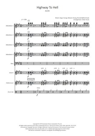Preview: Highway to Hell, AC/DC, Oliver Kruck, ​Akkordeon-Orchester, Rock, ideal für's Unterhaltungsprogramm, leicht-mittelschwer, Akkordeon Noten. Notenbeispiel