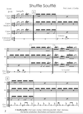 Preview: Shuffle Soufflé, Prof. José J. Cortijo, Cajón-Ensemble, Cajón-Quartett, mittelschwer, Originalkomposition, Cajón Noten, Beispielseite