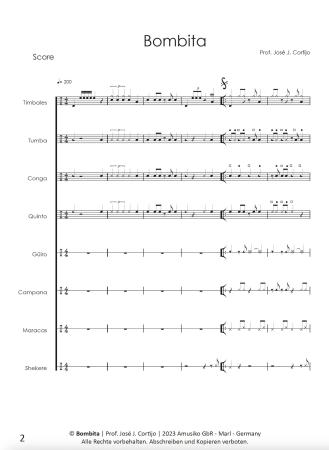 Preview: Bombita, Prof. José J Cortijo, Percussion-Ensemble, 8 Spieler, Quinto, Conga, Tumba, Timbales, Güiro, Campana (Hand Cowbell), Shekere, Maracas, Puerto Rico, Latin, mittelschwer, Originalkomposition, Noten für Schlagwerk, Probeseite