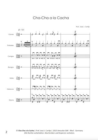 Preview: Cha-Cha a la Cacha, Prof. José J Cortijo, Percussion-Ensemble, 7 Spieler, Claves, Timbales, Conga, Bongos, Güiro, Maracas, Drum Set, Cuba, Latin, mittelschwer, Originalkomposition, Noten für Schlagwerk, Beispielseite