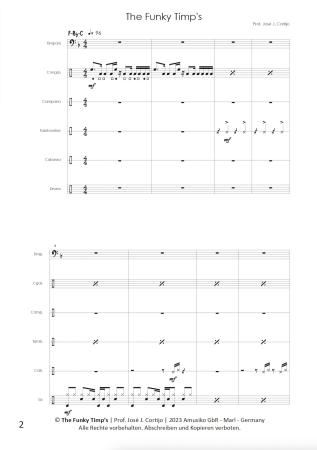 Preview: The Funky Timp's, Prof. José J Cortijo, Percussion-Ensemble, 6 Spieler, Timpani (F-Bb-C), Congas, Campana (Hand Cowbell), Tambourine, Cabassa, Drum Set, mittelschwer, Originalkomposition, Noten für Schlagwerk, Beispielseite