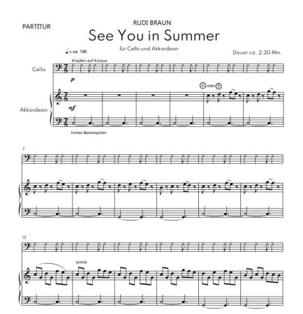 Preview: See You in Summer, Rudi Braun, Cello & Akkordeon, Duo, Duett, Standardbass MII, mittelschwer, Kammermusikkomposition, rhythmisches Stück, Originalkomposition, Akkordeon Noten, Notenbeispiel