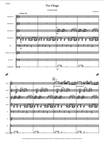 Preview: The Village, Ian Watson, Akkordeon-Orchester, in 3 Sätzen, Originalkomposition, Auftragskomposition, Mittelstufe, mittelschwer, Originalmusik, Dorfleben, Akkordeon Noten, Notenbeispiel