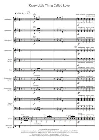 Preview: Crazy Little Thing Called Love, Freddie Mercury, Queen, Oliver Kruck, ​Rock'n'Roll-Hit für Akkordeon-Orchester, mittelschwer, Akkordeon Noten, Beispielseite