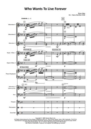 Preview: Who Wants To Live Forever, Queen, Brian May, Hans-Günther Kölz, Akkordeon-Orchester, mittelschwer, Welthit, Weltbekannter Klassiker, Sinfonisches Arrangement, Gänsehaut, ideal für Konzerte & feierliche Anlässe, Akkordeon Noten, Probeseite