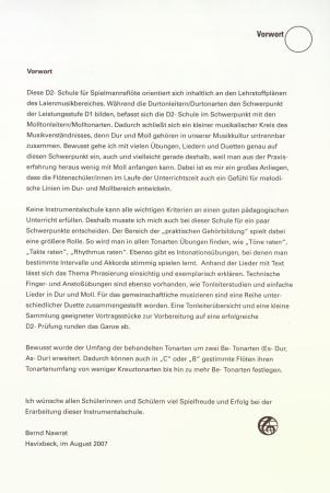 Preview: Die D2-Schule für Sopranflöte (Spielmannsflöte), Bernd Nawrat, Flötenschule, Spielmannszug-Flöte, Schulwerk, Lehrwerk, Molltonleitern, Molltonarten, praktische Gehörbildung, Vortragsstücke, Duette, leicht, Flöten Noten, Vorwort