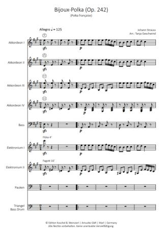 Preview: Bijoux-Polka, Johann Strauss, Tanja Geschwind, Akkordeon-Orchester, Polka française, mittelschwer-schwer, Akkordeon Noten, Notenbeispiel