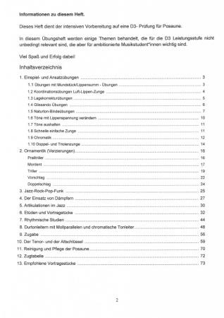 Preview: Übungsheft D3 für Posaune, Bernd Nawrat, Blechblasinstrumente, Prüfungsvorbereitung, D-Lehrgang, Ornamentik, Spielstücke, Vortragsstücke, mittelschwer, Musiktheorie, praxisorientiert, Posaunen Noten, Inhaltsverzeichnis
