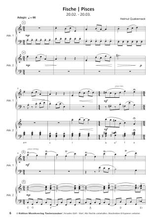 Preview: Horoskope, Helmut Quakernack, Spielheft für Akkordeon-Duo, Melodiebass MIII, Standardbass MII, Spielheft, Duoband, 12 musikalische Miniaturen, Sternzeichen, mittelschwer, Originalkompositionen, Originalmusik, Akkordeon Noten, Probeseite