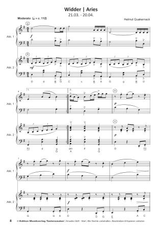 Preview: Horoskope, Helmut Quakernack, Spielheft für Akkordeon-Duo, Melodiebass MIII, Standardbass MII, Spielheft, Duoband, 12 musikalische Miniaturen, Sternzeichen, mittelschwer, Originalkompositionen, Originalmusik, Akkordeon Noten, Blick in die Noten