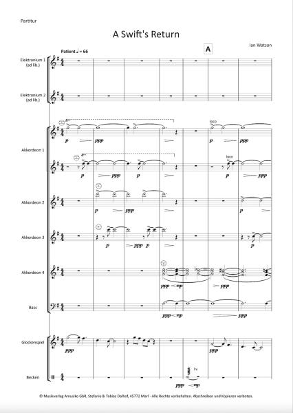 A Swift's Return, Ian Watson, Akkordeon-Orchester, Originalkomposition, Wertungsstück, Wettbewerbsliteratur, 18. Eidgenössische Akkordeon Musikfest, Mittelstufe, mittelschwer, Originalmusik, Akkordeon Noten, Notenbeispiel