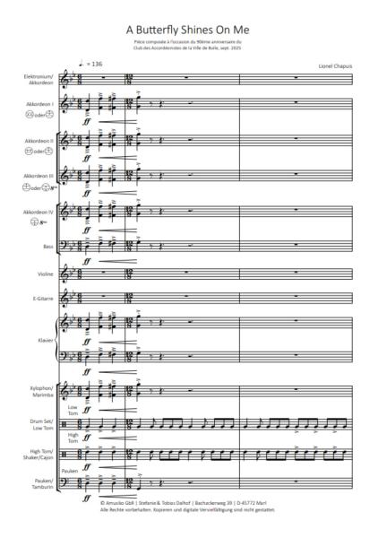 A Butterfly Shines On Me, Lionel Chapuis, Akkordeon-Orchester, Irish Folk, Rock, Hommage, mittelschwer-schwer, Originalkomposition, Originalmusik, Akkordeon Noten, Cover, Ansichtsseite