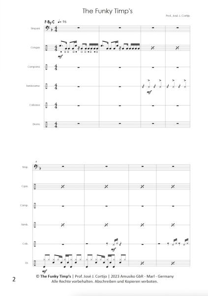 The Funky Timp's, Prof. José J Cortijo, Percussion-Ensemble, 6 Spieler, Timpani (F-Bb-C), Congas, Campana (Hand Cowbell), Tambourine, Cabassa, Drum Set, mittelschwer, Originalkomposition, Noten für Schlagwerk, Beispielseite