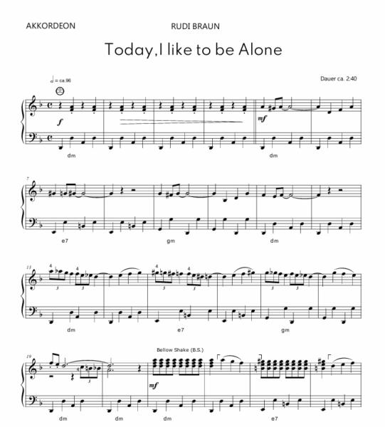 Today I Like to Be Alone, A Touch of Jazz, Rudi Braun, Akkordeon-Solo, Standardbass MII, ​Einzelausgabe, witzig, fröhlich, quirlig, Bellowshake, mittelschwer-schwer, mit Online-Audio, Akkordeon Noten, Beispielseite