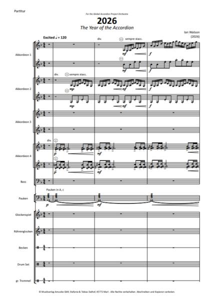 2026 - The Year of the Accordion, Ian Watson, Akkordeonorchester, Instrument des Jahres, mittelschwer, Global Accordion Project Orchestra, feierliches Orchesterstück, Crowdfunding, Auftragskomposition, Originalkomposition, Akkordeon Noten, Originalmusik,