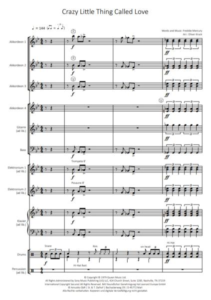 Crazy Little Thing Called Love, Freddie Mercury, Queen, Oliver Kruck, ​Rock'n'Roll-Hit für Akkordeon-Orchester, mittelschwer, Akkordeon Noten, Beispielseite