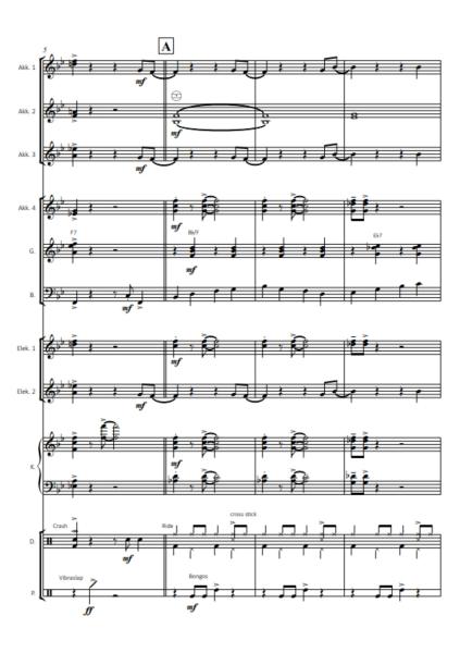 Crazy Little Thing Called Love, Freddie Mercury, Queen, Oliver Kruck, ​Rock'n'Roll-Hit für Akkordeon-Orchester, mittelschwer, Akkordeon Noten, Blick in die Noten