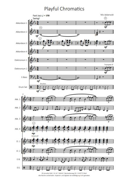 Playful Chromatics, Nils Aebersold, Akkordeon-Orchester, Akkordeon-Ensemble, spaßige Swingnummer, ideal als Zugabe, mittelschwer-schwer, Originalkomposition, Originalmusik, Akkordeon Noten, Beispielseite