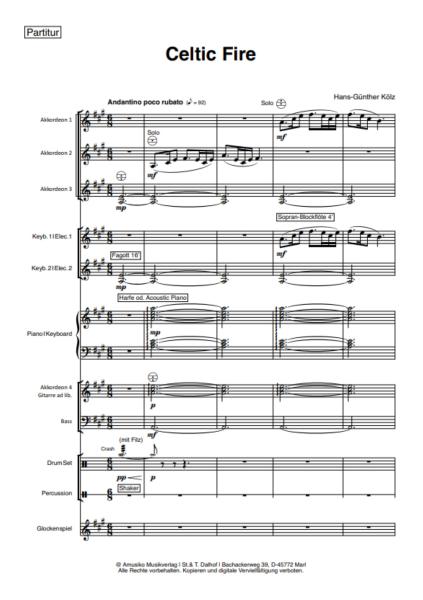 Celtic Fire, Hans-Günther Kölz, Akkordeon-Orchester, Irish Folk, mittelschwer-schwer, Originalkomposition, Originalmusik, Irland, Akkordeon Noten, Probeseite