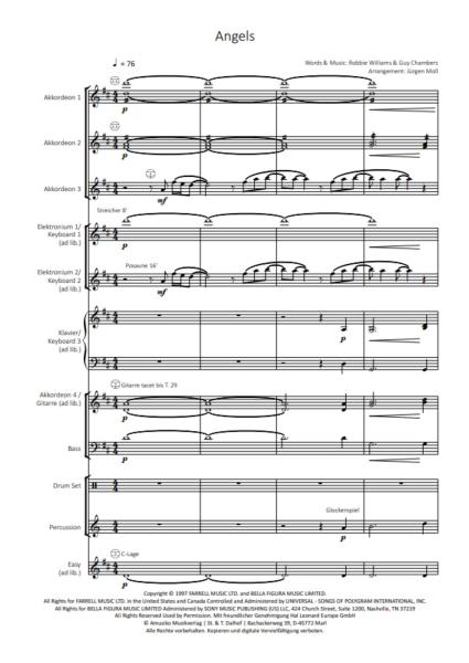 Angels, Robbie Williams, Guy Chambers, Jürgen Moll, Akkordeon-Orchester, Ballade, Megahit, Welthit, Gänsehaut, leicht-mittelschwer, mit Easy-Stimme, Akkordeon Noten, Ansichtsseite