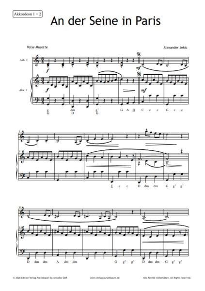 An der Seine in Paris, Alexander Jekic, Akkordeon-Solo, Akkordeon-Duo, Standardbass MII, Einzelausgabe, mit 2. Stimme, Duett, Musette-Walzer, virtuos, Konzertstück, mittelschwer, Akkordeon Noten, Originalmusik, Originalkomposition, Probeseite