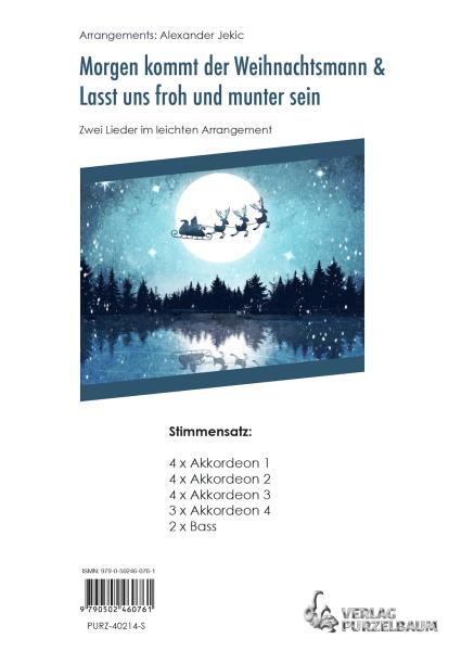 Morgen kommt der Weihnachtsmann/Lasst uns froh und munter sein, Alexander Jekic, Akkordeon-Orchester,  Akkordeon-Ensemble, Jugend-Orchester, 2 Weihnachtslieder, sehr leicht-leicht, Akkordeon Noten, Stimmensatzdeckblatt