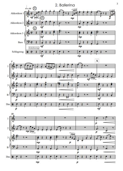 Kleine Ballett-Suite, Wolfgang Ruß, Akkordeon-Orchester, Akkordeon-Ensemble, kleine Besetzung, Quartett, Spielgruppe, Suite in 4 Sätzen, leicht, ideal für den Unterricht, Originalkomposition, Originalmusik, Akkordeon Noten. Beispielseite
