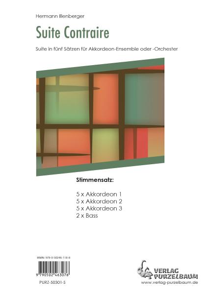 Suite Contraire Hermann Illenberger, Akkordeon-Orchester, Akkordeon-Ensemble, Jugend-Orchester, Schüler-Orchester, Kinder-Orchester, Suite in 5 Sätzen, leicht, Elementarstufe, Wertungsstück, Wettbewerbsstück, Wettbewerbsliteratur, Akkordeon Noten, Stimmen