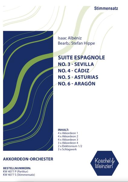 Suite espagnole, Isaac Albéniz, Stefan Hippe, Akkordeon-Orchester, 4 Sätze, Hommage an die Heimat, mittelschwer-schwer, Akkordeon Noten, Auftragsarrangement, Stimmensatz, Deckblatt, Titelblatt