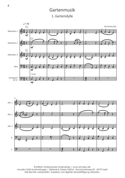 Gartenmusik, Kai Armbruster, Akkordeon-Orchester, Akkordeon-Ensemble, Suite in 5 Sätzen, auch für kleine Besetzung, leicht, Originalkomposition, Originalmusik, Akkordeon Noten, Notenbeispiel