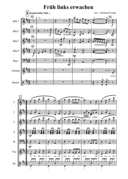 Früh links erwachen, Winfried Funda, Medley. Akkordeon-Orchester, ​es darf mitgesungen werden, mittelschwer, Akkordeon Noten, Ansichtsseite