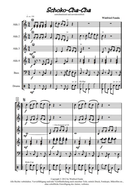Schoko-Cha-Cha, Winfried Funda, Akkordeon-Orchester, leicht, Elementarstufe, Cha-Cha-Cha, Originalkomposition, Wertungsstück, Wettbewerbsliteratur, Wettbewerbsnoten, Originalmusik, Akkordeon Noten, Blick in die Noten
