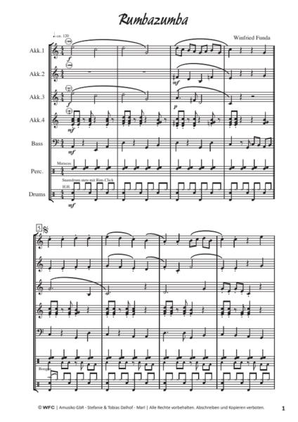 Rumbazumba, Winfried Funda, Akkordeon-Orchester, leicht, Elementarstufe, Originalkomposition, Wettbewerbsstück, Wettbewerbsliteratur, Wertungsstück, Originalmusik, Schülerorchester, Akkordeon Noten, Beispielseite