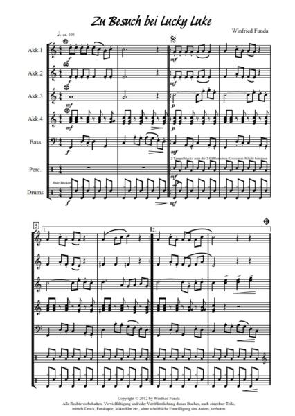 Zu Besuch bei Lucky Luke, Winfried Funda, Akkordeon-Orchester, Schüler-Orchester, Konzertstück, Wertungsstück, leicht, Elementarstufe, Wettbewerbsstück, Wettbewerbsnoten, Originalkomposition, Akkordeon Noten, Originalmusik, Notenbeispiel