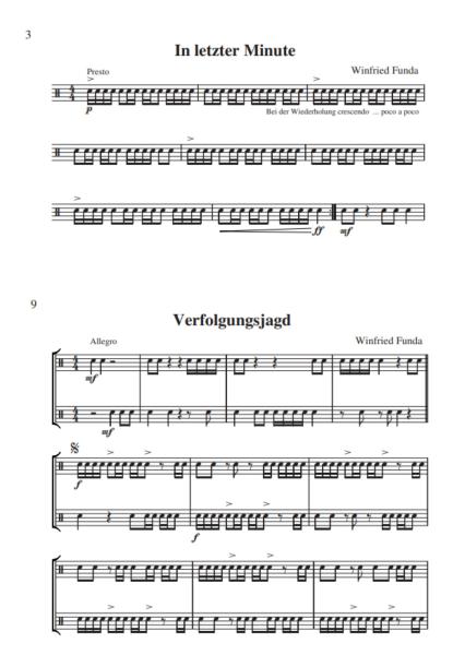 Trommelstücke, Winfried Funda, Snare-Drum, Spielheft, 12 Solostücke, 4 Duette, mittelschwer, Mittelstufe, Originalkomposition, Wertungsspiel, Wettbewerbsliteratur, Vorspiel, Konzert, Schlagwerk Noten, Beispielseite
