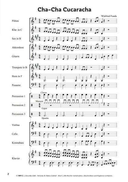 Cha-Cha Cucaracha, Winfried Funda, Kunterbuntes Orchester, Originalkomposition, inkl. Online-Audio, leicht, Noten für Schulorchester, Probeseite